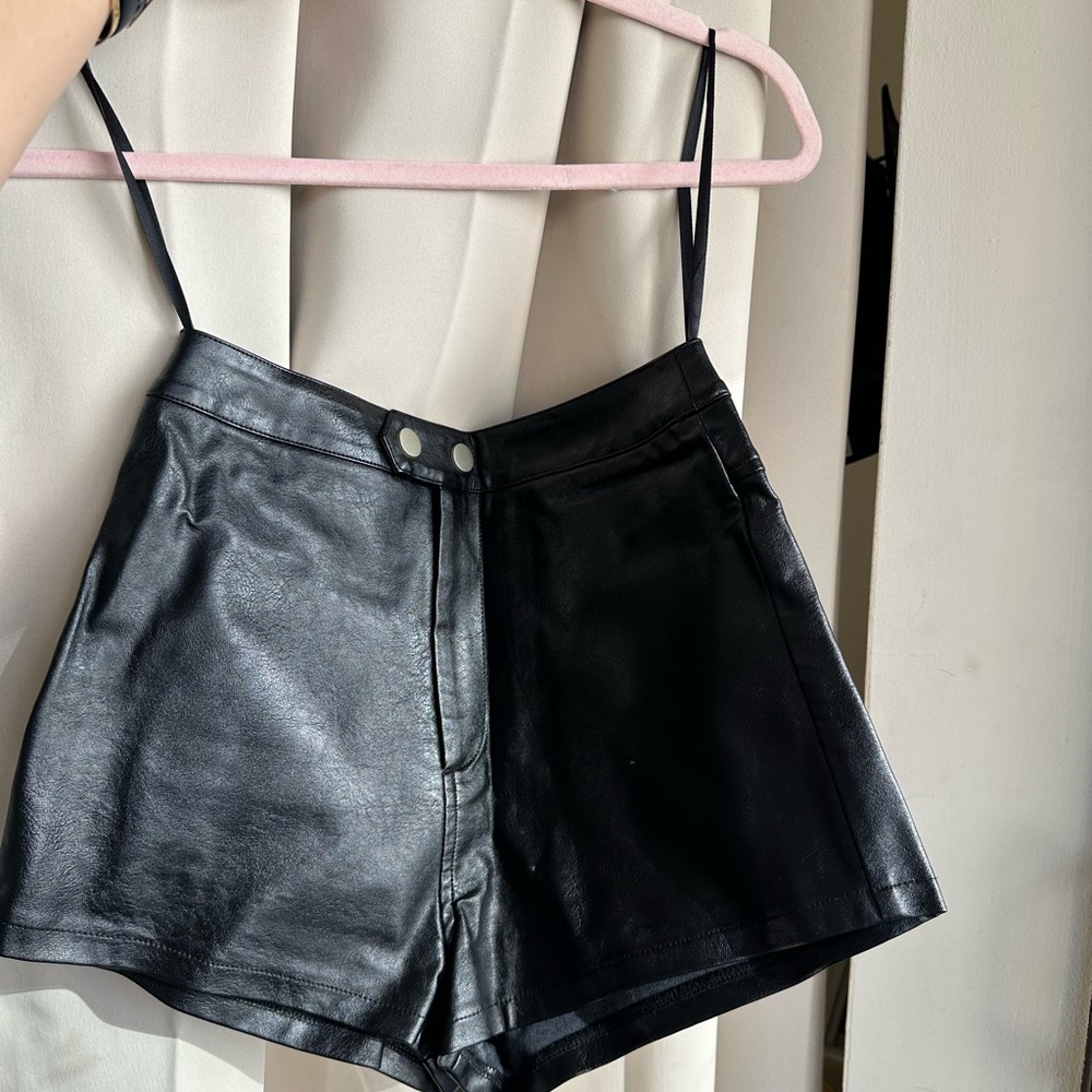 Superdown Black Leather Mini Shorts